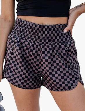 Black and Pink Checkerboard Athletic Shorts with Pockets